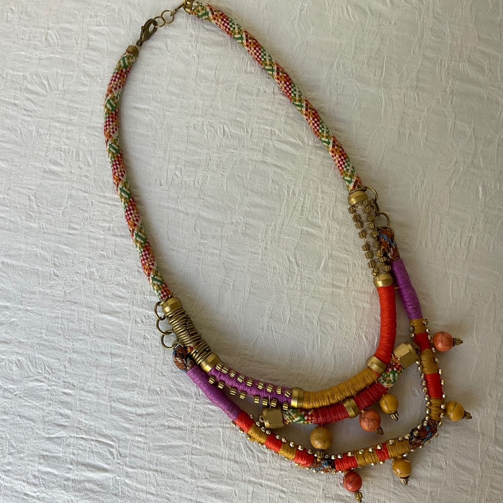 Anthropologie Multi Strand Thread & Bead Statement Necklace Brass Tone A…